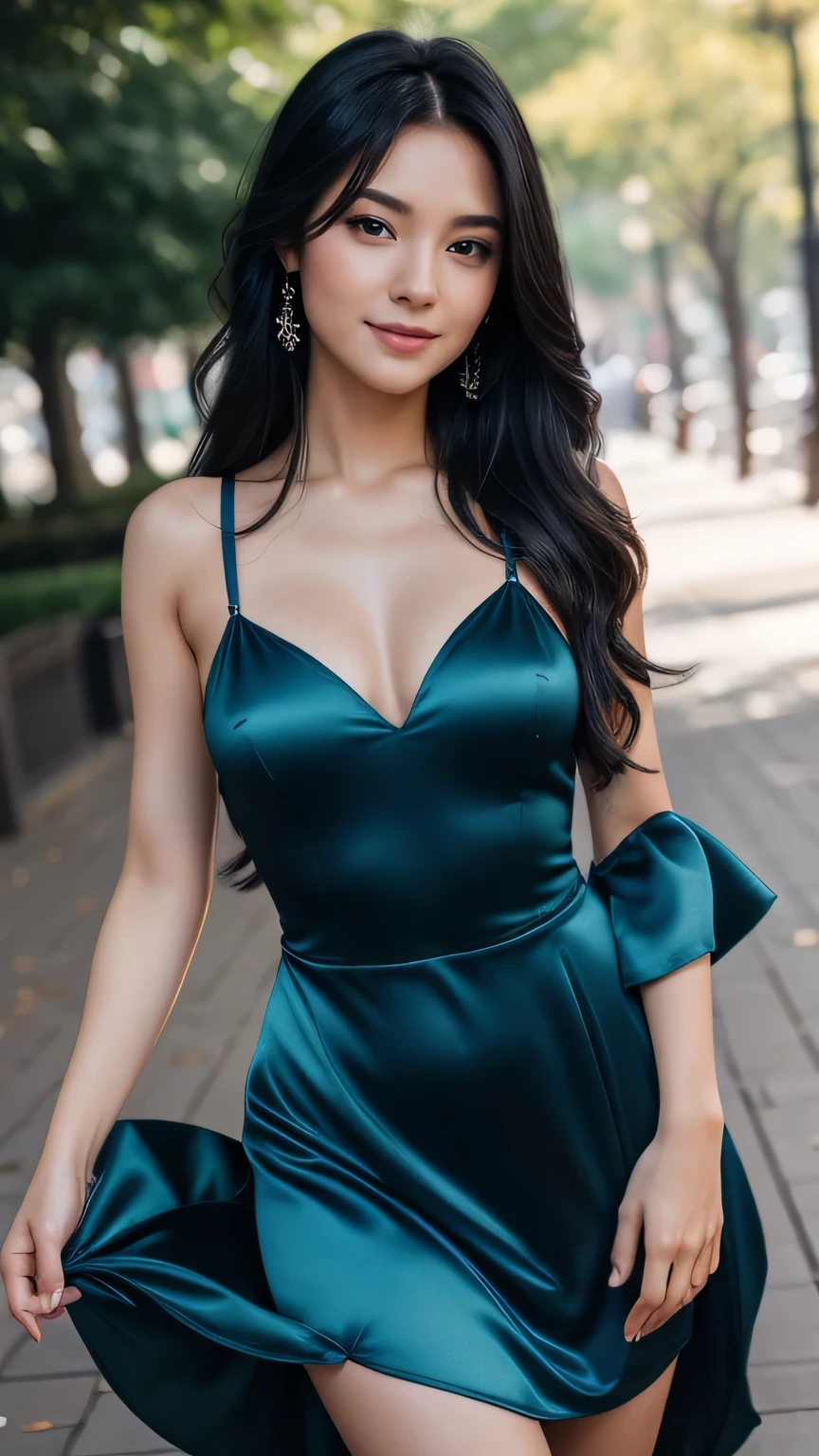 Realistic full body photo of a smiling, beautiful black-haired woman with long hair, She dances in front of the camera in a short elegant A-line dress with straps made of blue satin. ...., fine fabrics, Park,glamour fotoshooting, Park, perfect anatomy, perfect brown eyes. Perfect hands with 5 fingers on each hand, Suitable woman, looking at the camera, 1 Frau. (Eye make up:1.1), (highly detailed skin:1.1), spirit, analog style, keen focus, 8K UHD, dslr, good quality, Fujifilm XT3, Grain, Award-winning, masterpiece. Park