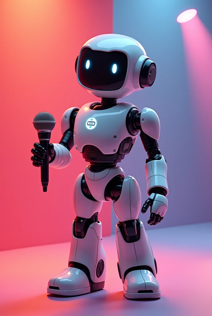 a robot, mic, arms and legs, expression of happiness, high contrast high quality background, 3 d image