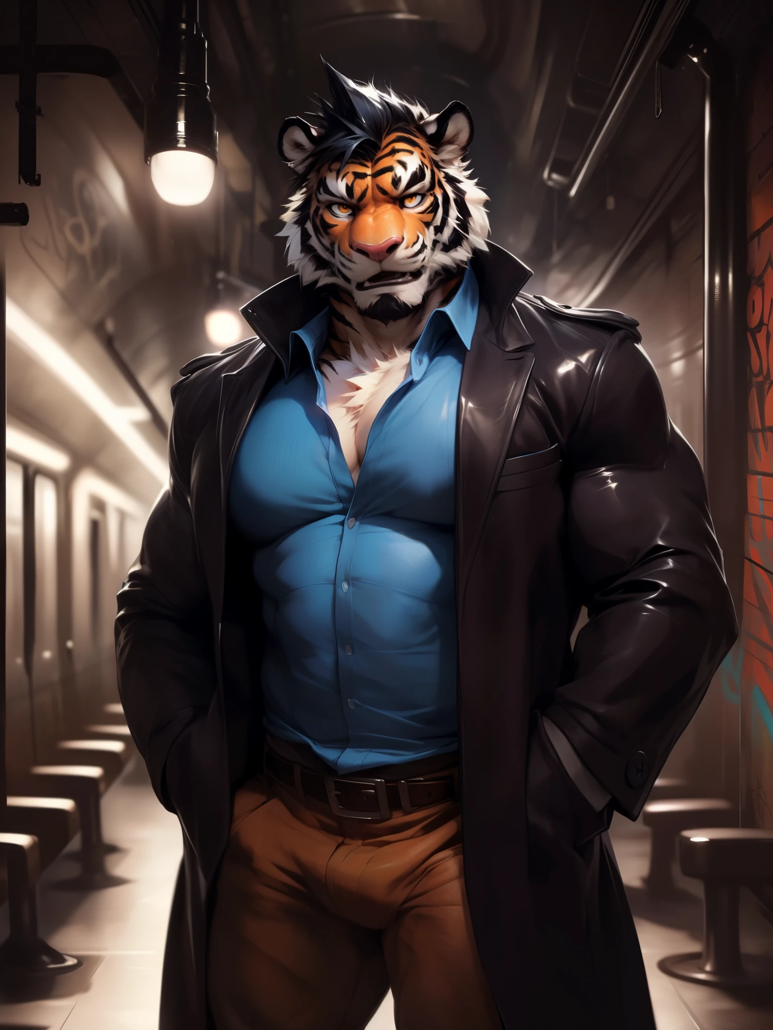solo, furry, furry male, tiger ((fluffy body, fluffy fur, furry body)), (tiger print, orange body), (skinny body:1.2), lean body, defined muscles, thick stripes, black stripes, (short hair, black hair, spiked hair), golden eyes, expressive eyes, pink nose, black clothes, baggy clothes, (black overcoat, blue undershirt, (button-up shirt), aviator overcoat, military jacket, military attire), (hands in pockets), silver buttons, silver trimming, leather belt, worn leather belt, brown leather pants, close-view portrait, full body, underground subway station, indoors, incandescent lighting, graffiti walls, bench, (by null-ghost, by darkgem, masterpiece, absurdres, hi-res,4k,high quality), leaning, closed mouth, serious expression, confident,