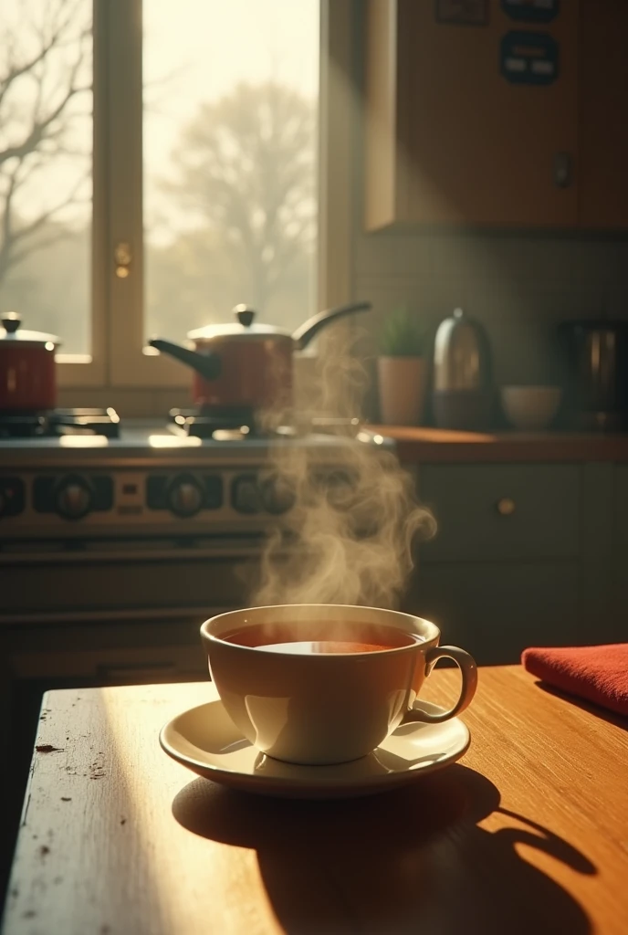 cinematic, photorealistic film poster of a tea in a cup, steam rising up, mid shot, kept in a table, early morning,  a kitchen set up like gas stove etc with window in the background, Darjeeling, middle class