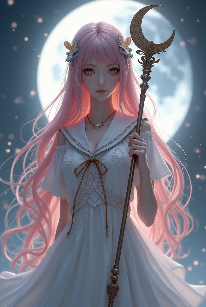 Sailor Crescent Moon with long beet-colored hair, Honey-colored eyes and white skin with a long scepter with a crescent moon on top