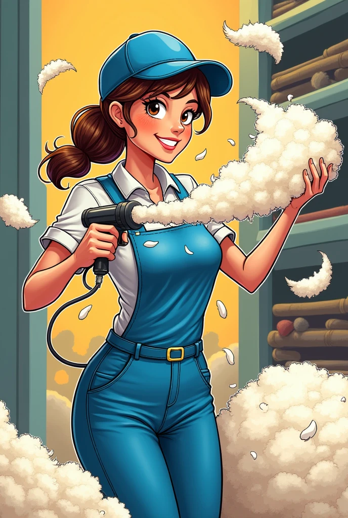women, textile company worker, The textile company is made of alpaca fibers.. La women tiene en su uniforme pelusas de alpaca, His uniform is blue. has a hat. la women se echa aire al cuerpo con una pistola de aire para sopletear. the image must be like comic