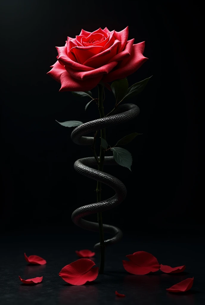 Make a completely dark background image, with a red rose, with the bouquet standing, but the fallen rose, and a boa snake coiled around the flower