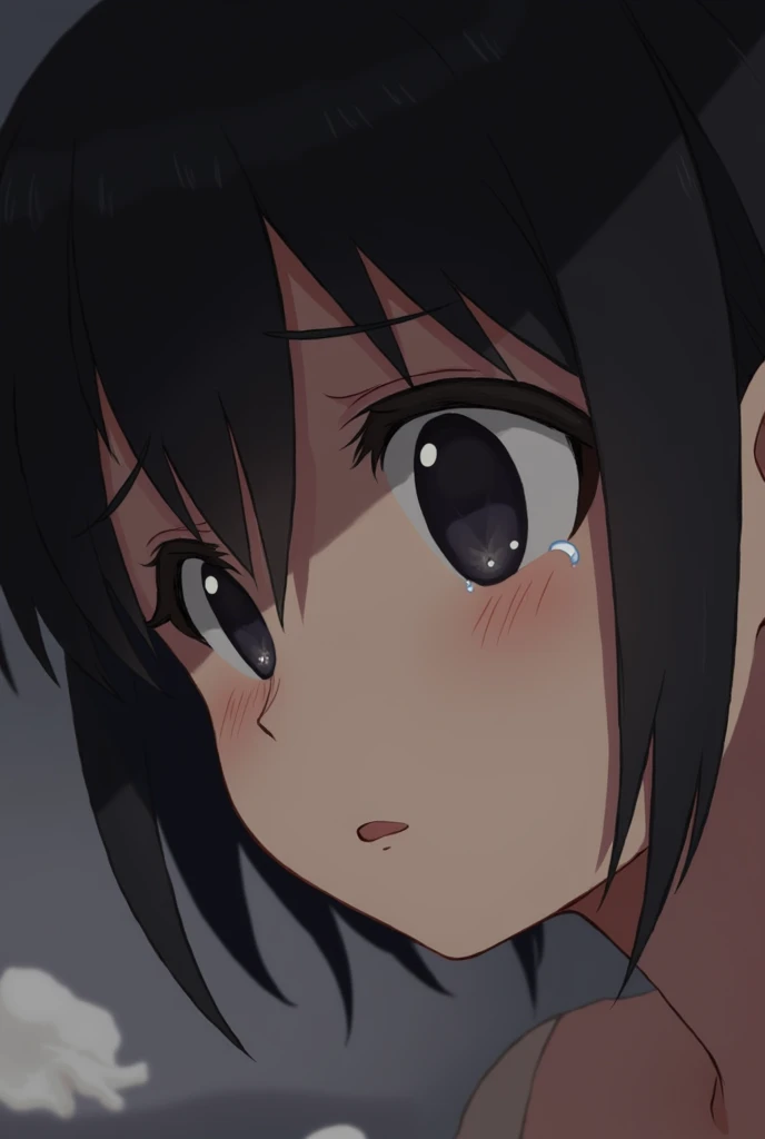 Tears welling up in Mitsuha’s eyes as she whispers Taki’s name, a moment of deep emotion.