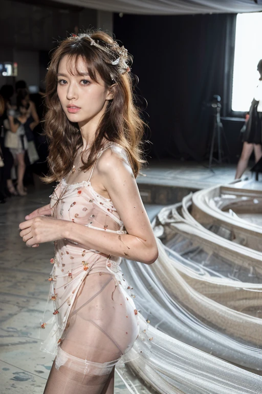 (masterpiece), (best quality), (Extremely detailed),(Messy hair),(illustration), (1 Girl), (Fashion), permanent, fashion model, Looking at the audience, (interview:1.3), Beautiful and delicate eyes, Delicate and beautiful face, Perfect body,(((Transparent dress:1.28))),Long legs,((Modern style fashion:1.2)),((Pantyhose)),High heel,Very detailed details,Stand on the catwalk