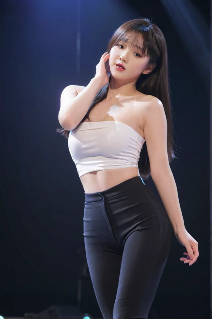 close-up of beautiful South Korean, An Yujin is a South Korean singer, An Yujin is a South Korean IVE pop girl group singer, age 21 years girl, youthful face, perfect body, white body skin, very classic length hair, ((rapunzel long hair)), standard black hair, her hair is very straight and smooth, flat bangs hair, very long hair and straight hair with bangs, 36 inches breasts size, wearing a plain standard bright white strapless tube top, wearing a tight plain dark black leggings, Yujin holding breasts with her own two hands is very sexy and sigh, Yujin squeezes the breasts very seductively, Yujin lowered her tube top a little bit, Yujin does dance moves very sighing and seductive, the dance that Yujin does is very sexy and seductive, ((Yujin performed a very sexy and seductive dance in front of the audience)), ((Yujin gets horny when doing a seductive dance)), sexy looking pose, pose a naughty look, pose looks seductive, the pose looks coquettish, at the singing and dancing concert stage area of South Korean pop girl group IVE, the singing and dancing concert stage area of South Korean pop girl group IVE background, UHD