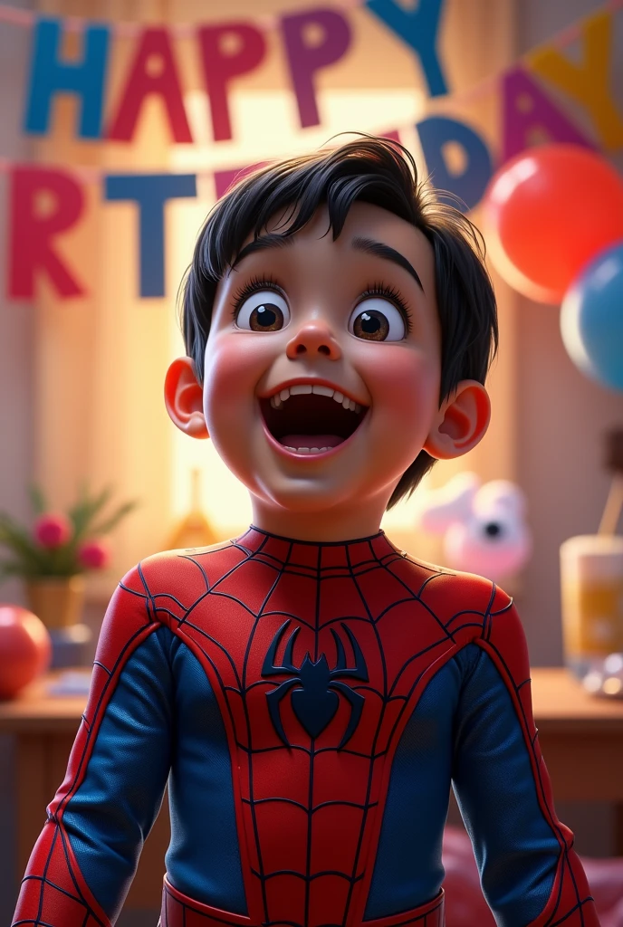 a boy with black hair wearing spiderman costume for his birthday celebration ,with banner "HAPPY BIRTHDAY" JEUZ VLADIMYR