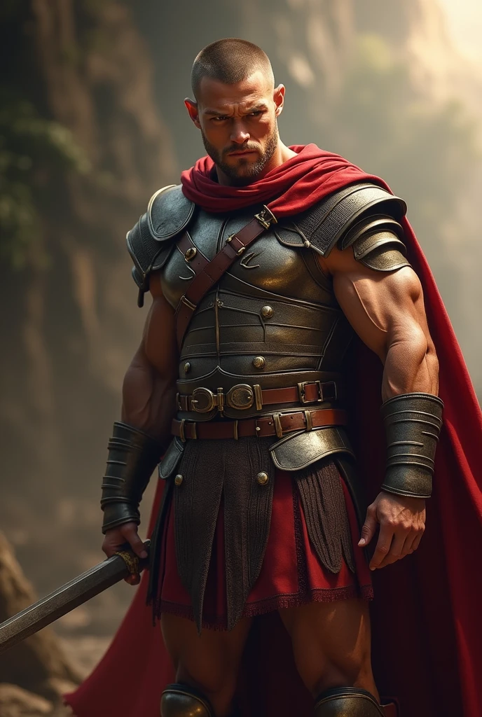 ((masterpiece, highest quality, Highest image quality, High resolution, Raw photo, 8K)), ((Extremely detailed CG unified 8k wallpaper)), (huge stunning warrior shot, full body, musclural body beauty:1.4), Posing for the camera, In a warrior fighting stance, a stern look, in a ready stance, tall, robust man with short-cropped hair and a clean-shaven face, wearing a Roman general's cloak over his armor. His pose should be one hand extended forward, pointing, symbolizing leadership and vision, photorealistic, 16k, 8k, 4K, award winning