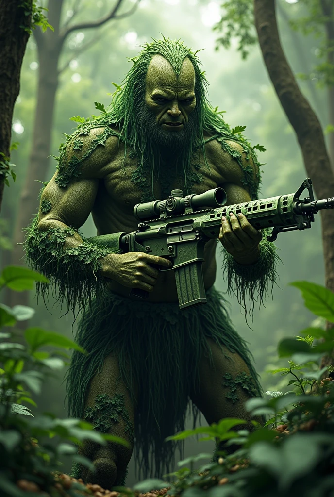 create a character from Maranhão folklore called Bicho Terra. imagine a being with a wild and imposing appearance, with a muscular body and no face. He wears a green camouflage that covers his entire body., blending perfectly with the vegetation around it. Camouflage is made of leaves, twigs, providing an almost supernatural appearance. In the hands, he holds a camouflaged AWM sniper, that integrates with your look, with details reminiscent of the dense forest of Maranhão. The backdrop should be a lush tropical forest., with tall trees and dense vegetation, highlighting the stealthy and mysterious character of the Bicho Terra..