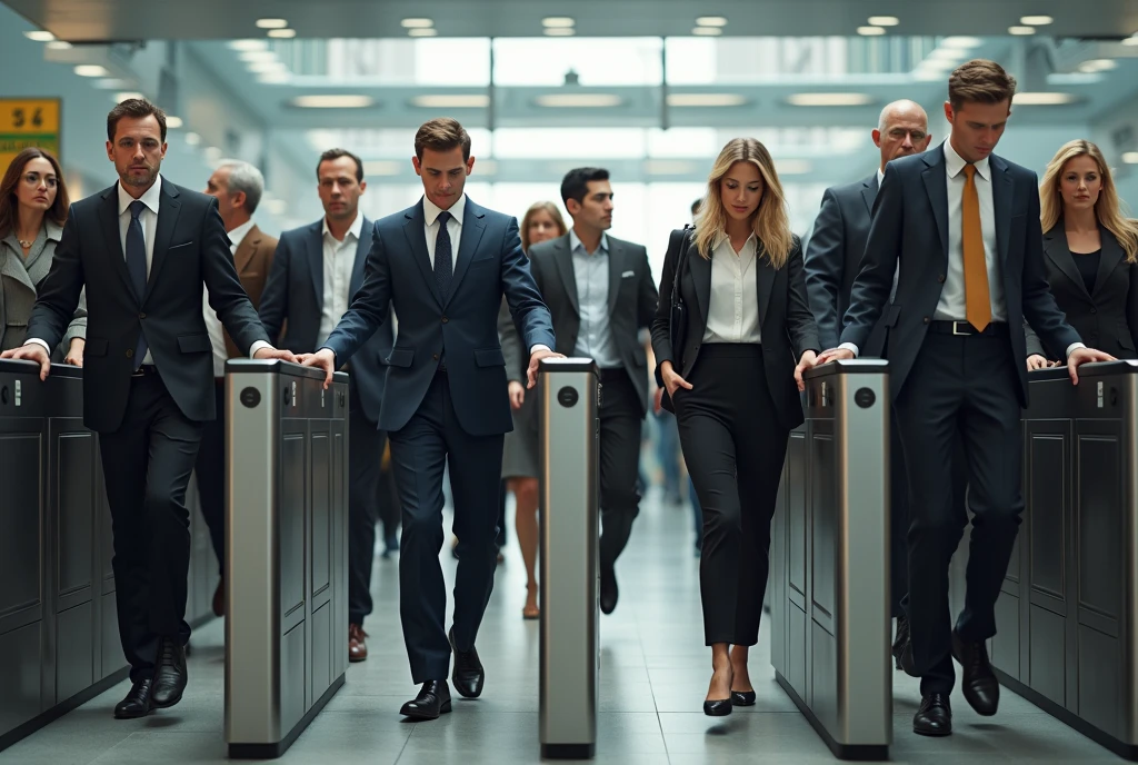 realistic image of people passing through a turnstile