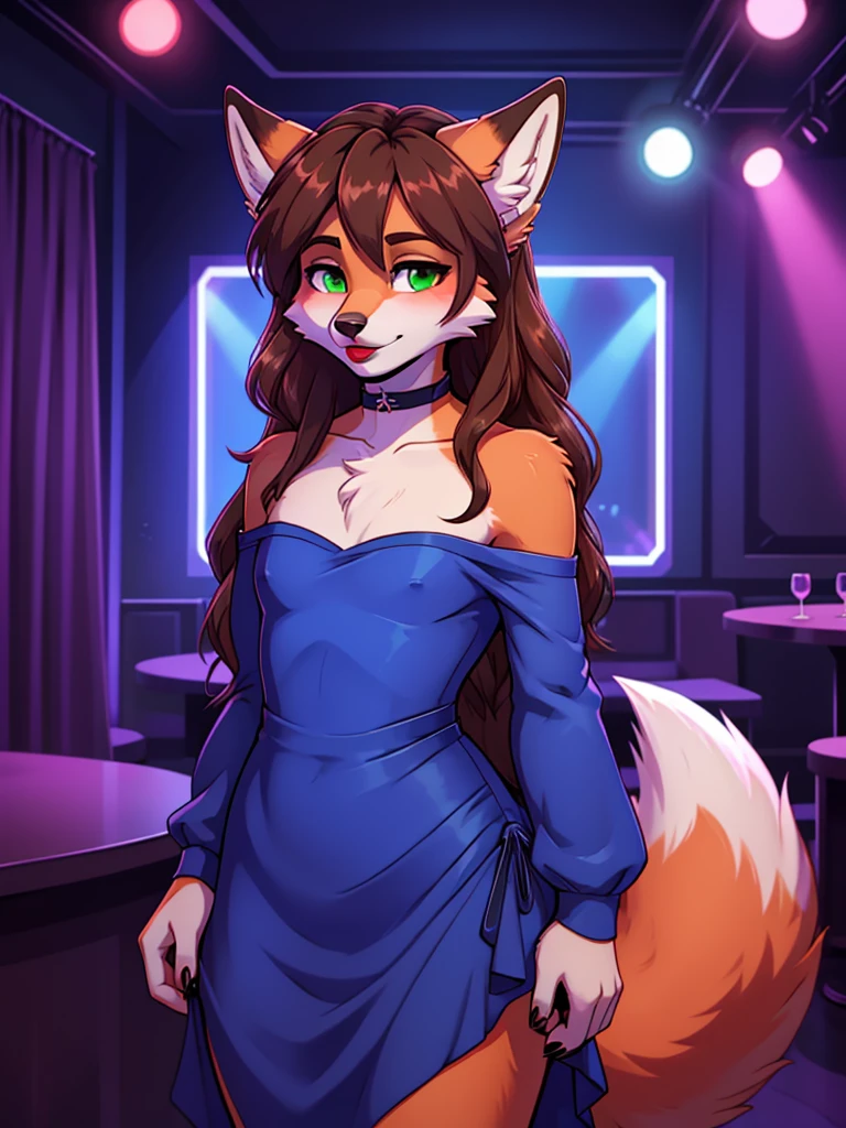 Best quality, furry male fox with green eyes, with brown long hair, with black spout, with red lipstick on lips, big lips, in a blue dress, crossdressing, shy, choker on the neck, off-the-shoulder dress, flirts, sexy pose, portrait, against the backdrop of an empty nightclub
