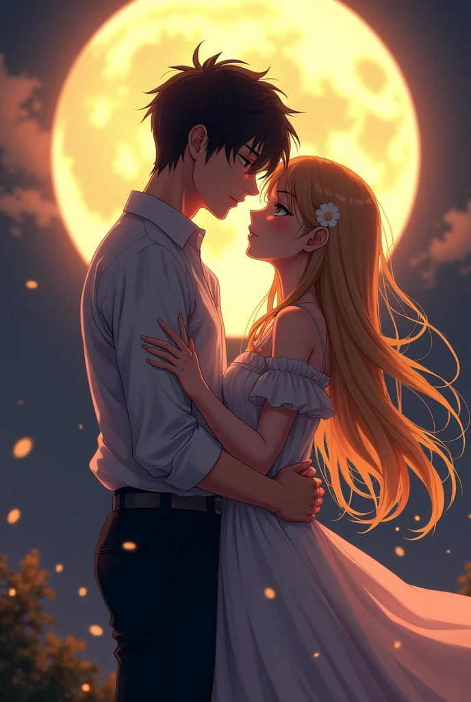 an anime guy with dark hair holds an anime girl with long blond hair by the waist, against the background of the moon