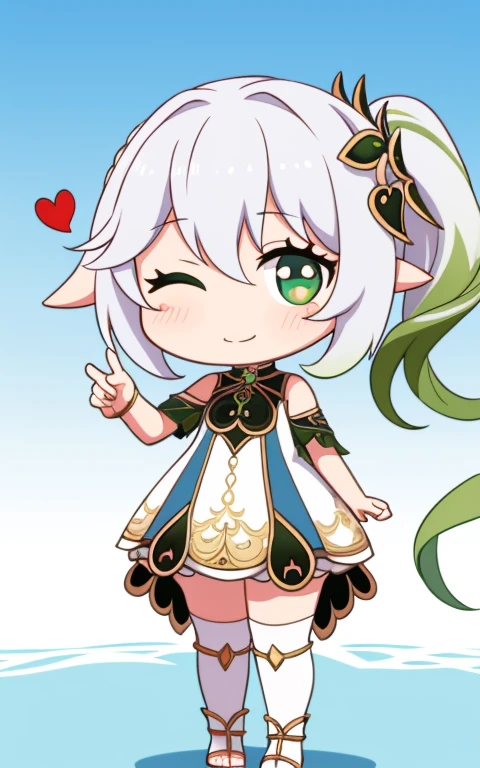fullcg,Best quality,highest quality, 8k,Soft lighting, Confused, Looking at the audience, alone, smile, Knee socks,Nahida Genshin Impact | Character Lora 1283,((low length:1.5)),((chibi:1.5)),((little child girl)),1girl,difficult,cowboy shot,Beautiful cityscape,(standing:1.6),(Front facing:1.5),(((pretty made costume))),((making a heart with fingers)),(((wink))),