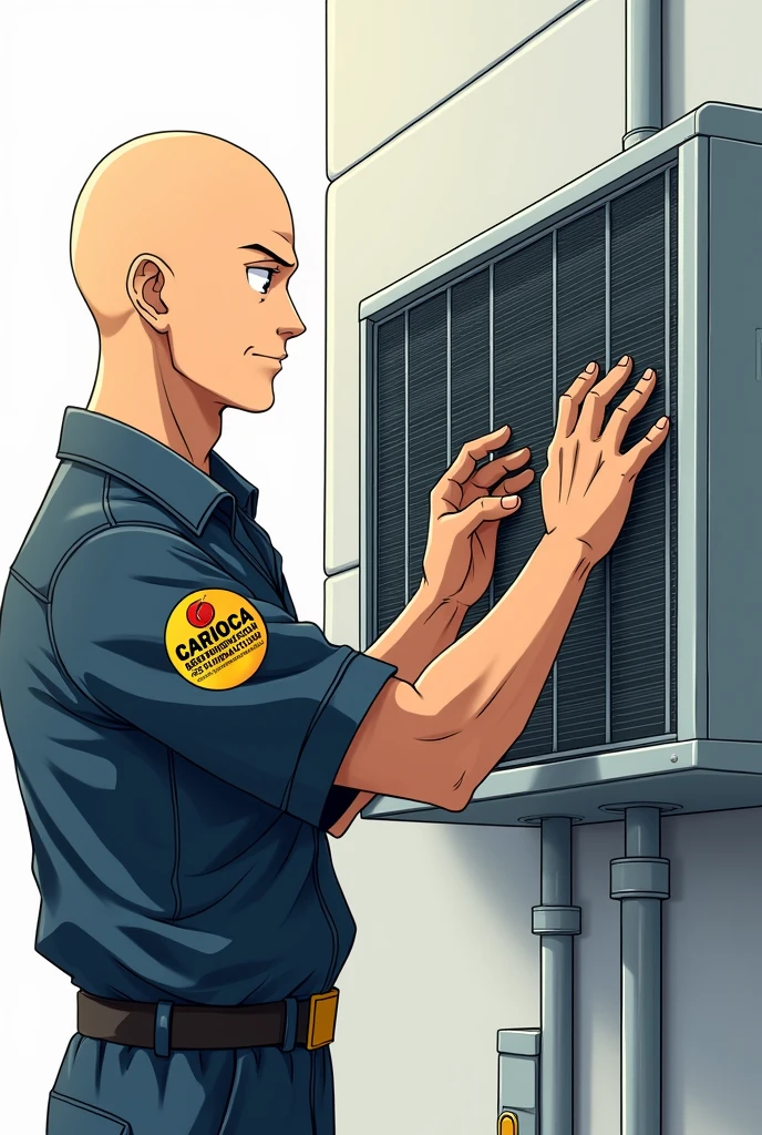 card saitama working repairing central air and writing: Carioca Refrigeration Installation, Sanitizing and Cleaning Filters, with transparent background