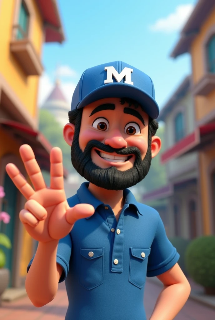 Pixar-inspired 3D poster capturing a background scene with a 3 man with a short, dark beard , square face white man with black hair to the side short lumberjack style dressed in blue polo shirt or suit with a blue cap with the letter m on the cap light skin color happy making the M with three fingers
