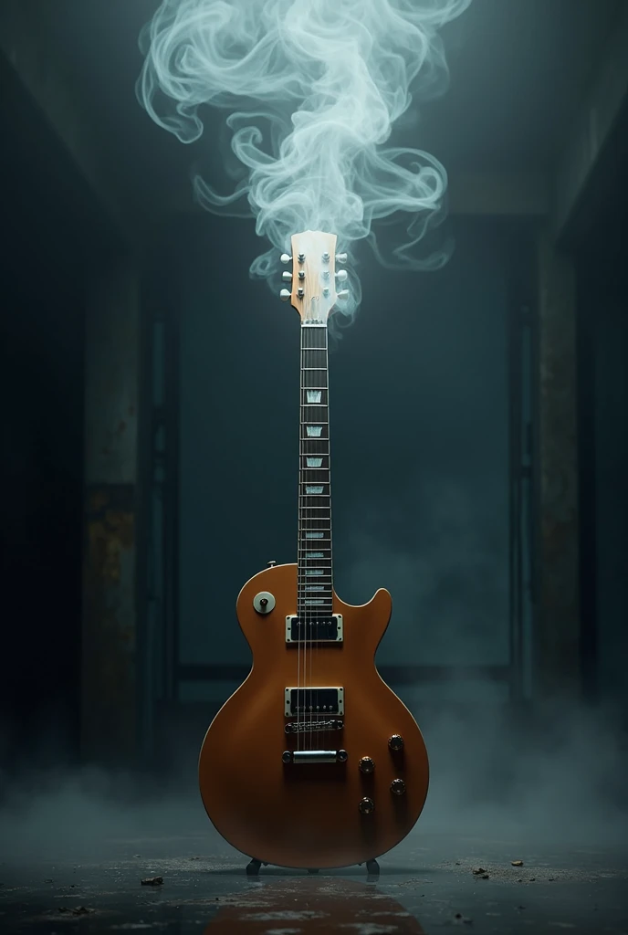 Create an image of a guitar standing upright with smoke coming out of the top