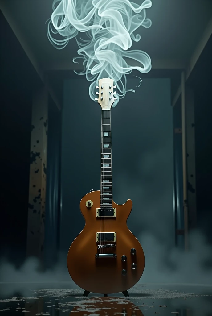 Create an image of a guitar standing upright with smoke coming out of the top