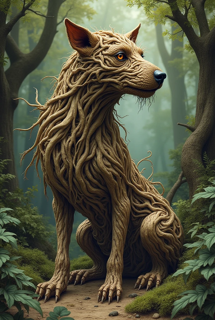 Dog made of tree roots in drawing
