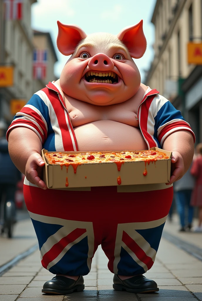 Ugly fat Pig doing pizza delivery with UK flag