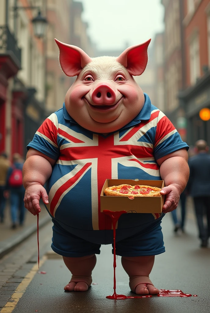Ugly fat Pig doing pizza delivery with UK flag