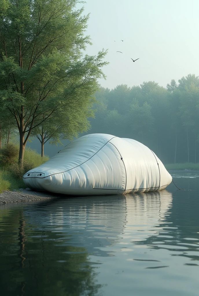 deflating inflatable floating shelter located next to a river