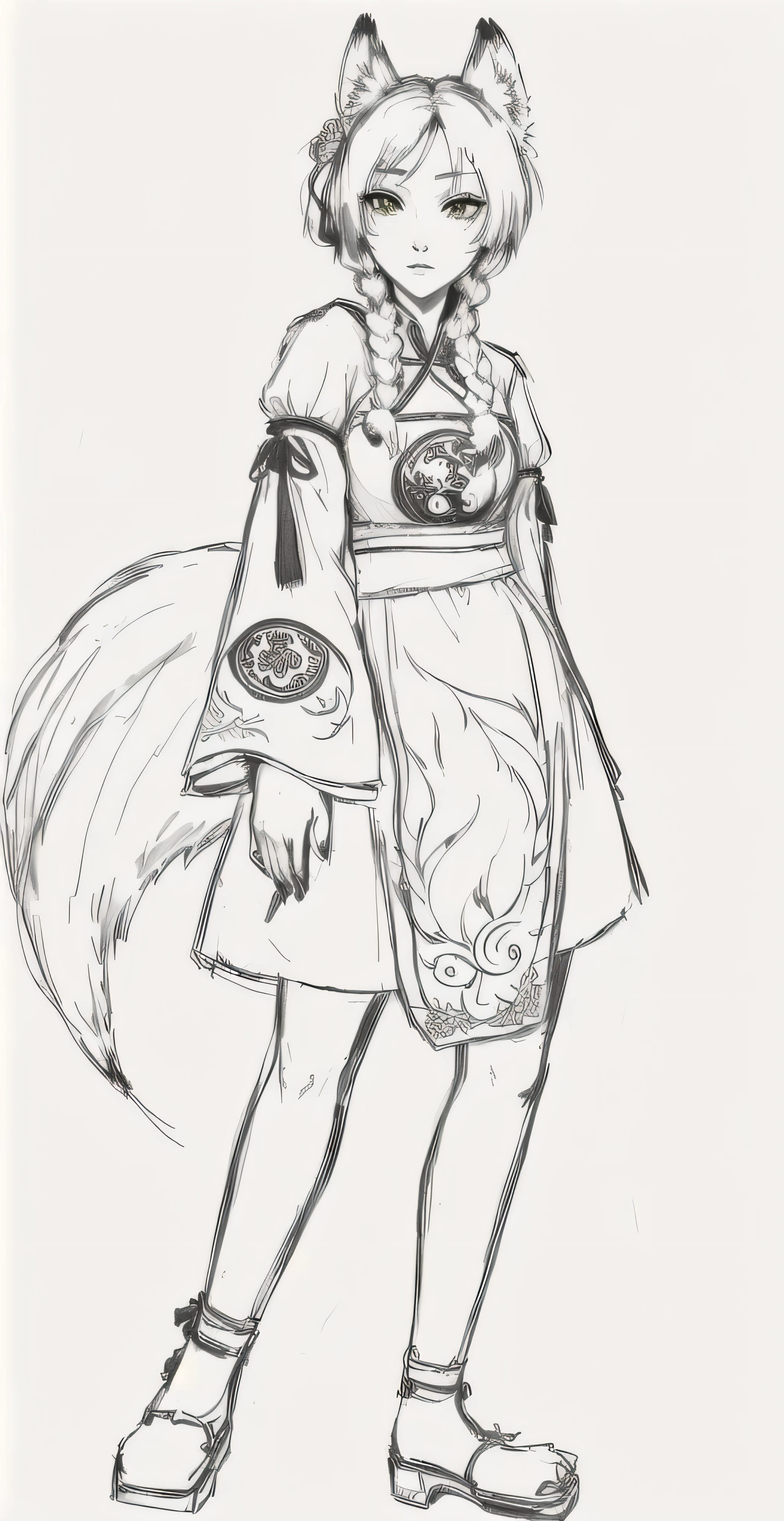 Kitsune girl, bright skin, tired look, yellow eyes, Brown hair, two braids, yin yang symbol on chest, eye symbols on sleeve, fire pattern on hem, Chinese dress, big fox tail