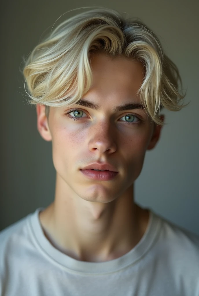 Young man short wavy platinum blond hair grayish green eyes