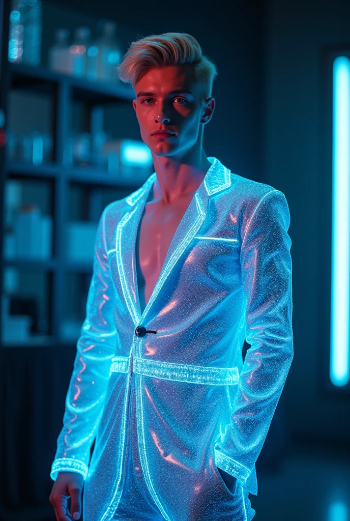 A luminescent young man, 22, dressed in a futuristic iridescent jumpsuit and mid-fade blonde hair, poses for an editorial photo. Exuding neon aesthetics, the rim lighting highlights his figure, exposing a portion of his body. The image captures his striking presence, with his sleek, modern clothes contrasting against the dark background. The high-quality photography exudes a sense of power and style, drawing viewers into the futuristic world of the model’s attire. She stands amidst the laboratory setting