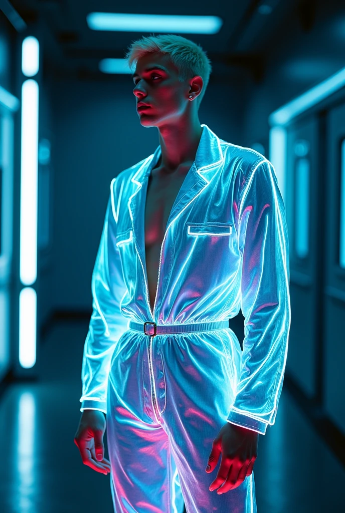 A luminescent young man, 22, dressed in a futuristic iridescent jumpsuit and mid-fade blonde hair, poses for an editorial photo. Exuding neon aesthetics, the rim lighting highlights his figure, exposing a portion of his body. The image captures his striking presence, with his sleek, modern clothes contrasting against the dark background. The high-quality photography exudes a sense of power and style, drawing viewers into the futuristic world of the model’s attire. She stands amidst the laboratory setting