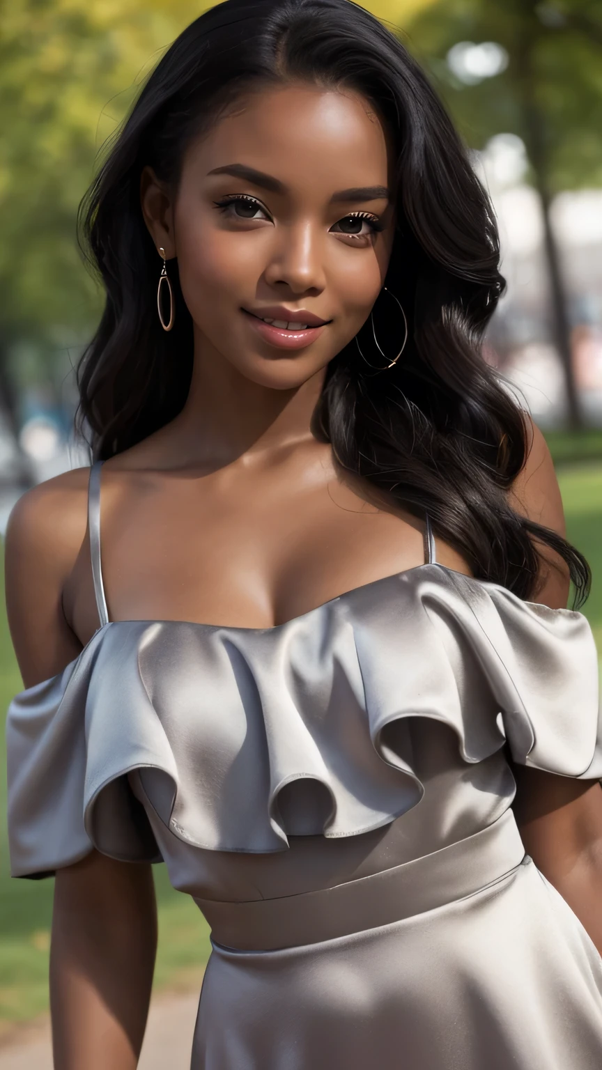 Realistic full body photo of a smiling, beautiful black woman with long hair, black skin. She dances in front of the camera in a short elegant A-line dress with straps made of grey satin. ...., fine fabrics, Park,glamour fotoshooting, Park, perfect anatomy, perfect brown eyes. Perfect hands with 5 fingers on each hand, Suitable woman, looking at the camera, 1 Frau. (Eye make up:1.1), (highly detailed skin:1.1), spirit, analog style, keen focus, 8K  UHD, dslr, good quality, Fujifilm XT3, Grain, Award-winning, ​masterpiece. Park