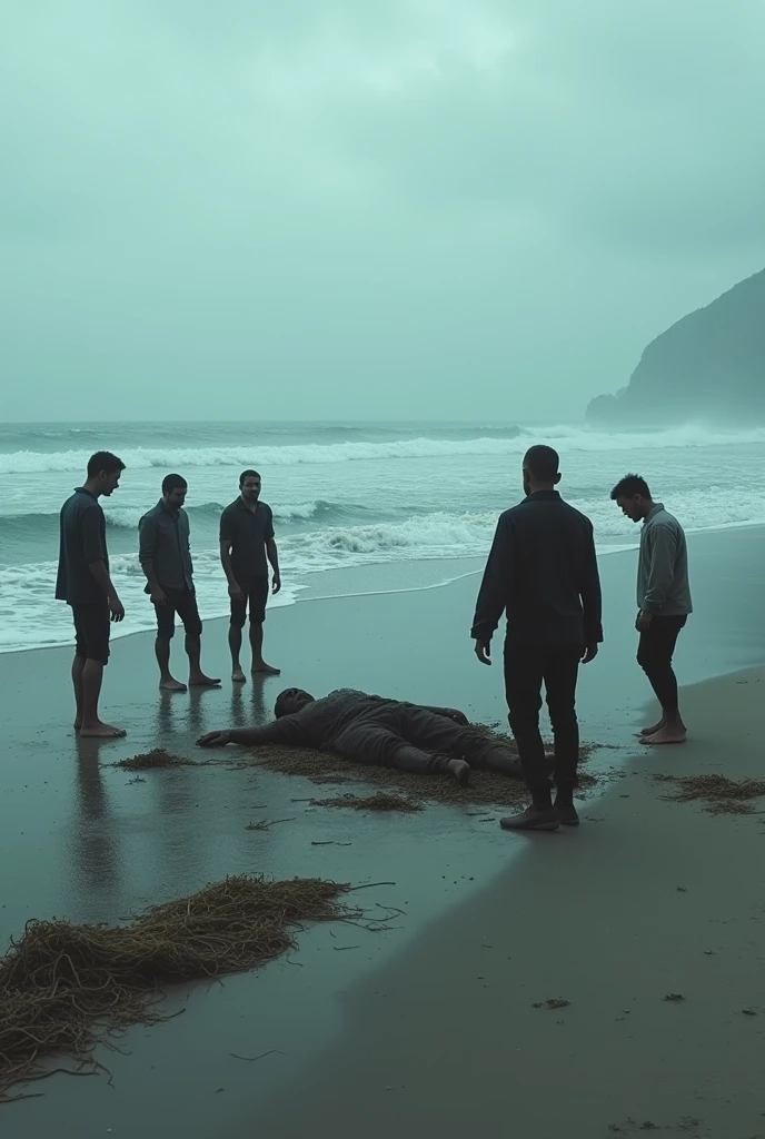 Several people find a human body far away on the beach and don't know what it is at first glance
