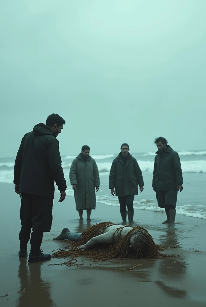 Several people find a human body far away on the beach and don&#39;t know what it is at first glance