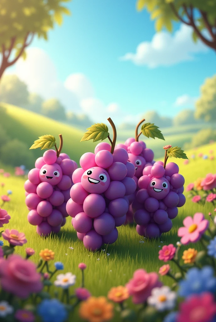 Smiling grapes on a flowery meadow 