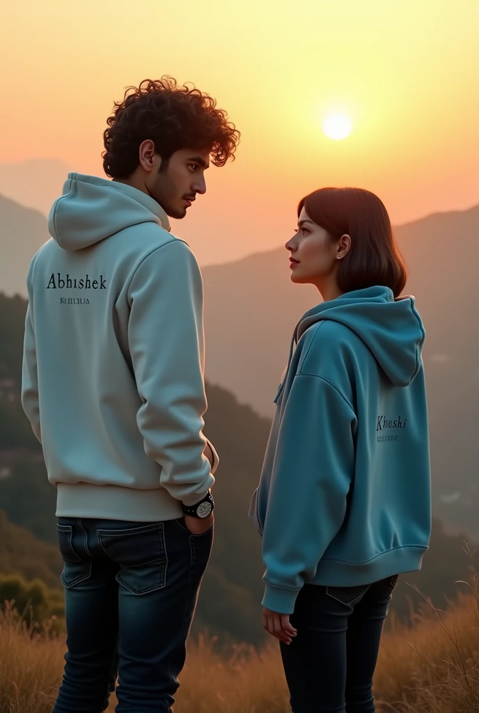 A handsome sad boy, an standing on the mountain hills, boy wearing white hoodie, black jeans, Curley hair, wearing watch, tearful eyes and facing toward girl, girl walking straight, girl wearing black jeans, sky blue hoodie, short  silky hair, evening sunset, mountain hill in background, evening sunset, written 'Abhishek' in backside of boy jacket, and written 'khushi' in backside of girl hoodie