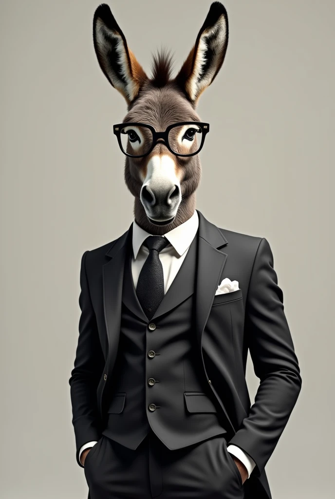 3 piece suit worn by donkey with black glasses
