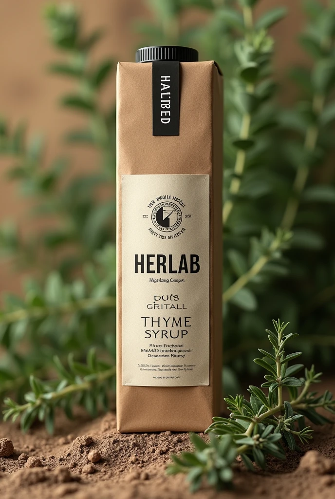 Realistic packaging of thyme syrup with the name herlab