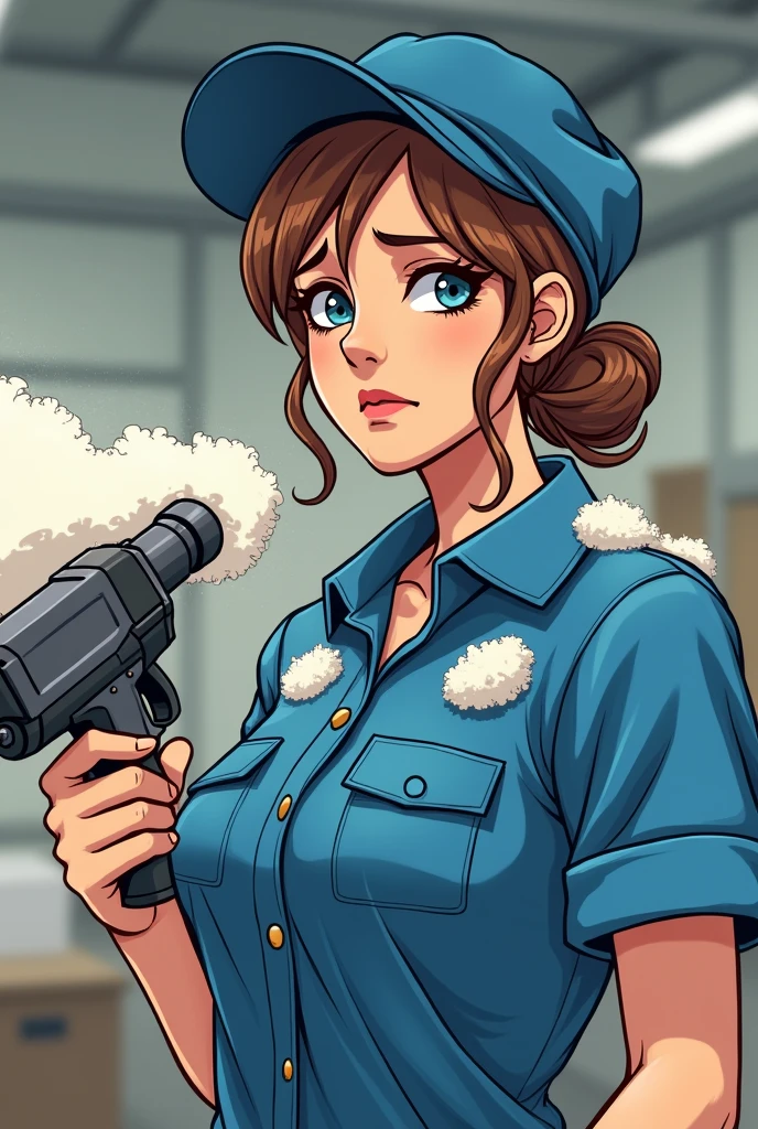 women, textile company worker, The textile company is made of alpaca fibers.. La women tiene en su uniforme pelusas de alpaca, His uniform is blue. has a hat. la women se echa aire al cuerpo con una pistola de aire para sopletear para quitarse las pelusas. la women debe tener cara de que sabe que lo que esta haciendo esta mal. the image must be like comic