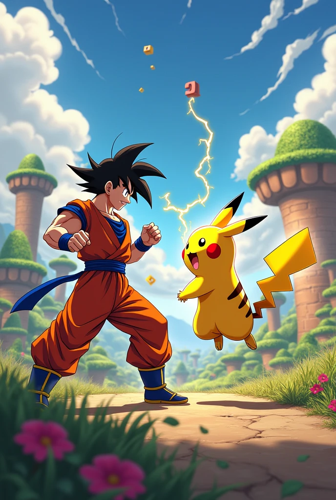 Make me a Goku fighting a Pikachu in a super mario world