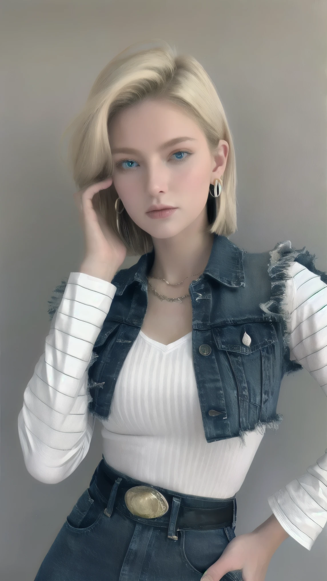 Realistic Android 18, Full Body, Blonde Hair, Blue Eyes, Eyelashes, Hoop Earrings, Short Hair, Earring, Black Sock, White Shirt with Black Stripes, Chest Pocket, Cleavage, Collarbone, Denim, Denim Skirt, Miniskirt high waist, detailed legs, jewelry, long sleeves, pocket, shirt, tucked in shirt, skirt, striped, striped sleeves, vest, correct hands, detailed high volume legs. 