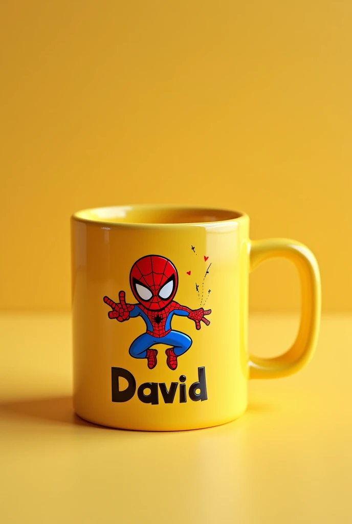 Yellow 3d mug with Spiderman cartoon with name David 