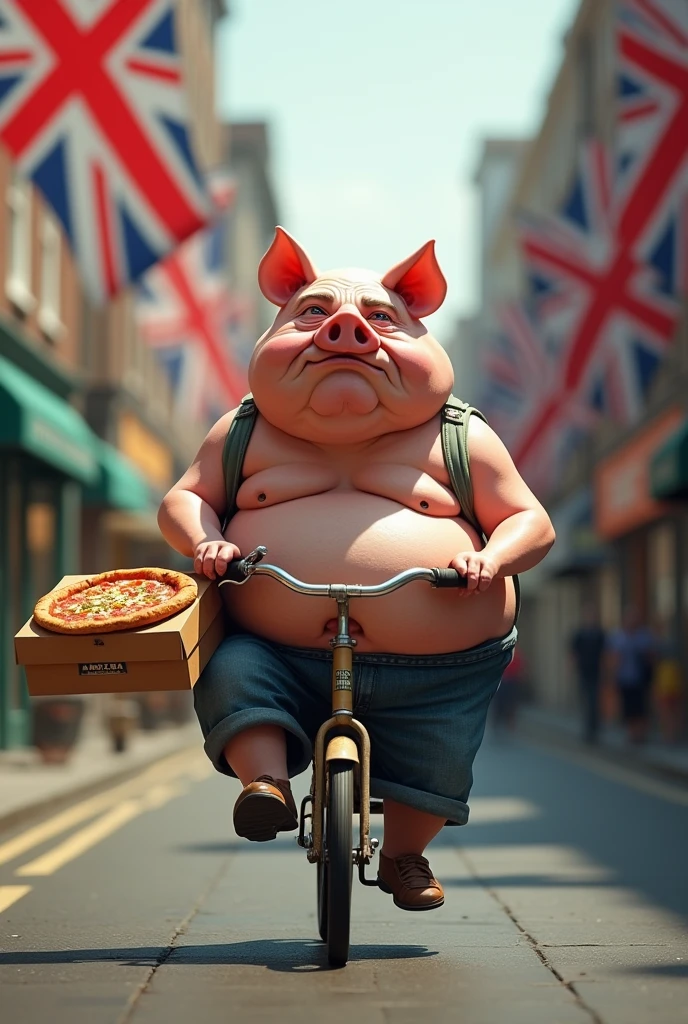 Ugly fat Pig doing pizza delivery with UK flag, on a bicycle