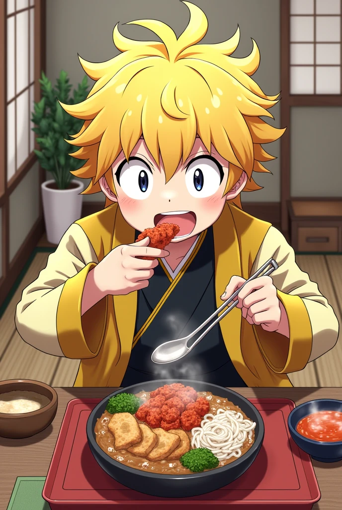 create me an image of zenitsu from kimetsu no jaiba eating
