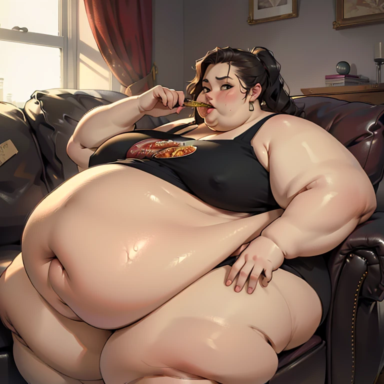 (masterpiece, detailed, realistic:1.2), young woman, eating junk food, USSBBW, (morbidly obese:1.3), detailed face, beautiful face, high aesthetic, sofa, living room, messy, slob