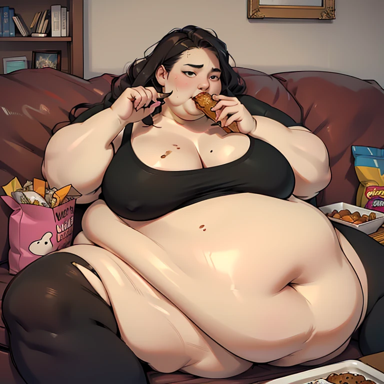 (masterpiece, detailed, realistic:1.2), young woman, eating junk food, USSBBW, (morbidly obese:1.3), detailed face, beautiful face, high aesthetic, sofa, living room, messy, slob