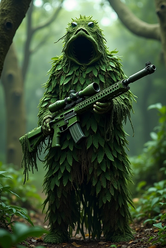 create a character from Maranhão folklore called Bicho Terra. imagine a being with a wild and imposing appearance, with no face. He wears a green camouflage that covers his entire body., blending perfectly with the vegetation around it. Camouflage is made of leaves, twigs, providing an almost supernatural appearance. In the hands, he holds a camouflaged AWM sniper, that integrates with your look, with details reminiscent of the dense forest of Maranhão. The backdrop should be a lush tropical forest., with tall trees and dense vegetation, highlighting the stealthy and mysterious character of the Bicho Terra..