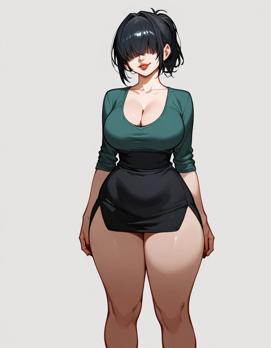 1girl,goth, porcelain skin, fair skin, hair bangs covering her eyes, no eyes showing, plump lips,  big full lips, smile, short ponytail hairstyle, large breasts, slim waist, massive thighs, thick thighs, wide hips, wearing a small tight green t shirt with neck scoop, cleavage, low waist pencil skirt, long pencil skirt, small black slip on flats, flats shoes, standing up, white background , up close, entire body showing, plain background