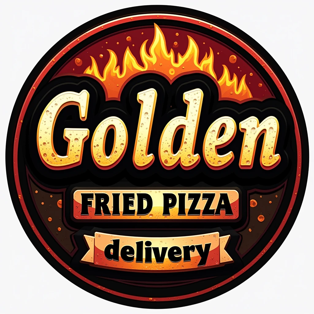 CREATE A round LOGO for a restaurant called "golden" which will be highlighted, just below it will be written EXACTLY "fried pizza" in capital letters. at the bottom in white "delivery". The name will be highlighted with a bold, industrial-style font.. Include a color palette that reflects a delivery restaurant, with metallic tones like red and orange accented by a vibrant, contrasting color like black or blue to represent the heat and intensity of the flavor. A clean and modern design, suitable for reproduction on business cards, flyers and for instagram page.