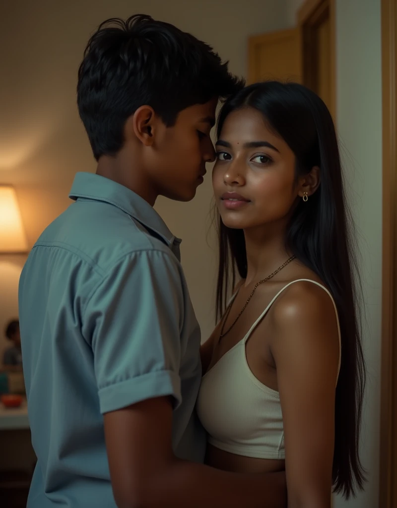 closeup, realistic, uhd image, rich indian brother and indian sister come back from school and have secret affair, cleavage seen, brother squeezing sister's boobs, boob squeeze, brother hugs sister from behind, sister facing camera, secret relationship, brother wearing uniform, sister wearing camisole, school uniform, inside indian home