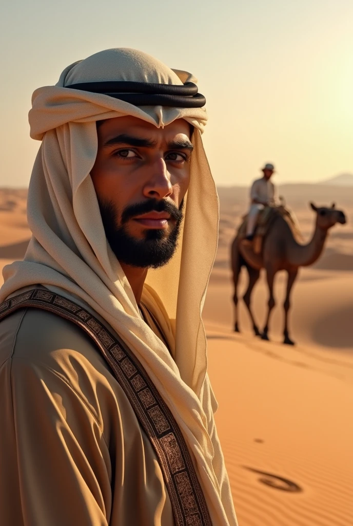 Photographyrealistic, arabian young man, arabian style, sahara, camel