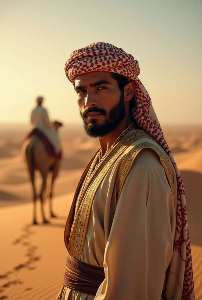 Photographyrealistic, arabian young man, arabian style, sahara, camel